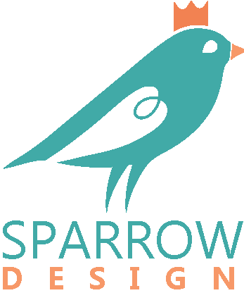 Sparrow Design Logo, It's a blueish sparrow with a orange crown and the title of sparrow design