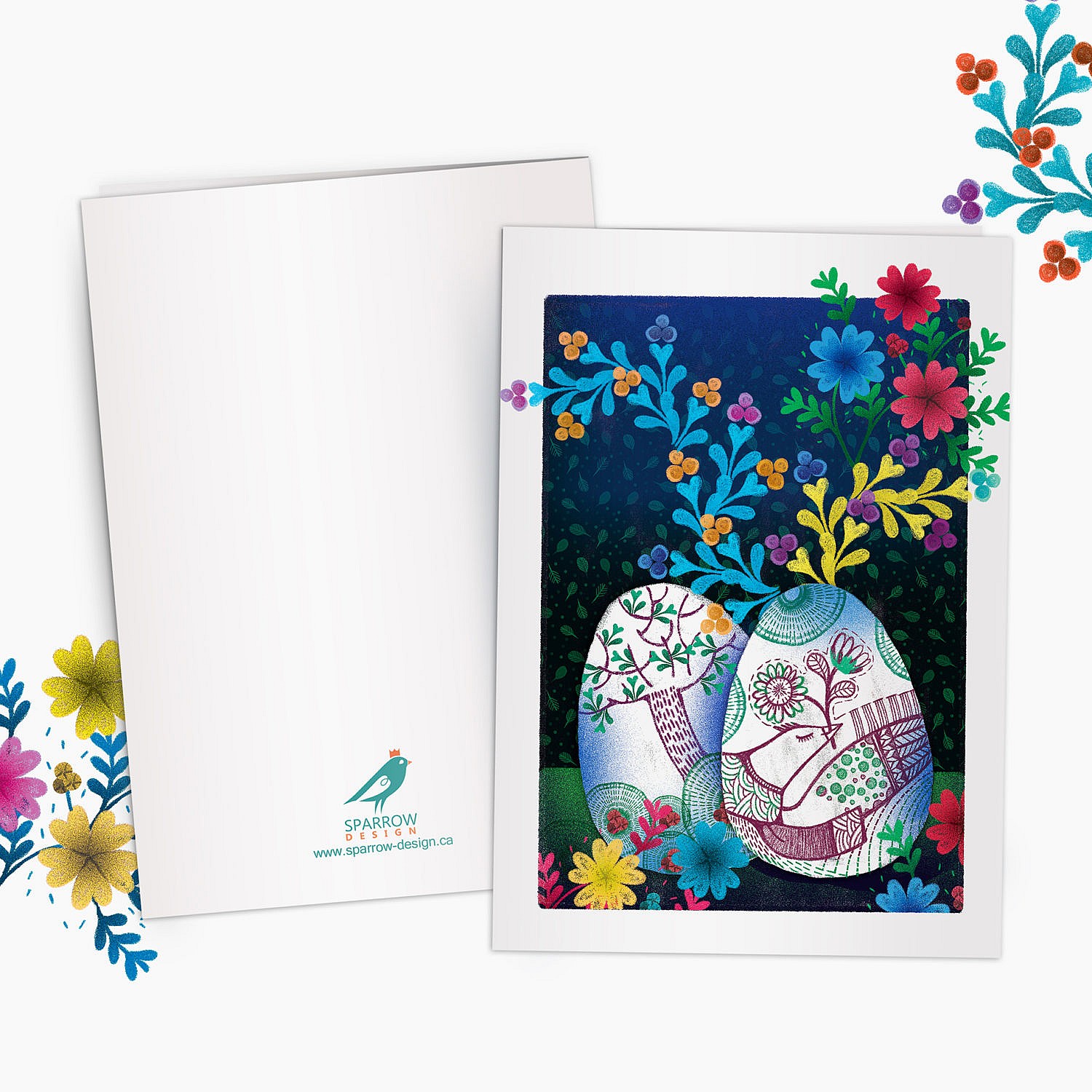 The image is showing a spring scenery. Two painted eggs are in the foreground. The painting on eggs is showing a bird. On the background there are colorful flowers. This greeting card is perfect for nowruz festival.