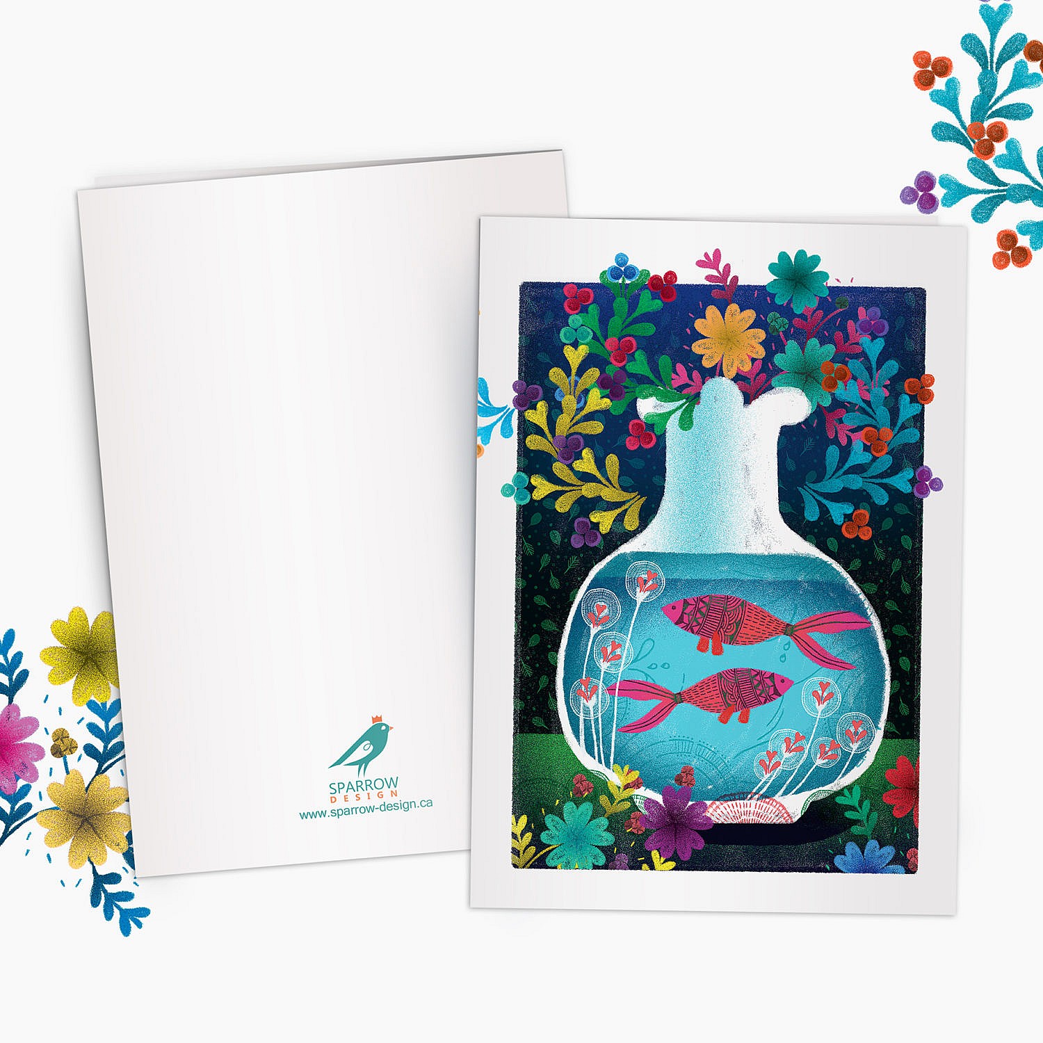The image is showing a spring scenery. Two beautiful goldfish are in the foreground. On the background there are colorful flowers. This greeting card is perfect for nowruz festival.