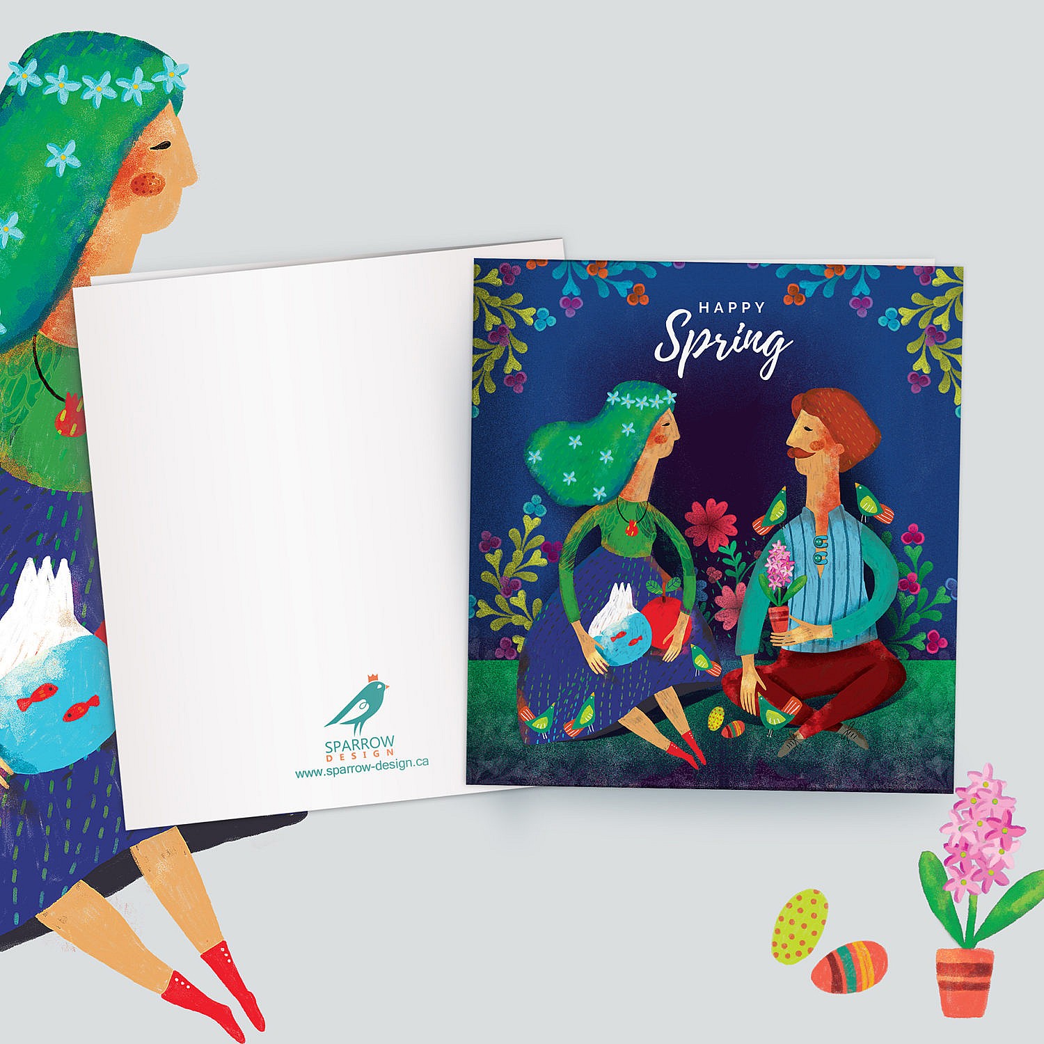 A greeting card to celebrate spring. Showing two persons while they are in the middle of forest. One of them(female) holding an apple and bowl that inside it there are two little red fishes. The other one (male) is holding a flower. There are flowers in the background. The card is also good for nowruz festival. The main colors are green and blue. With colorful flowers.