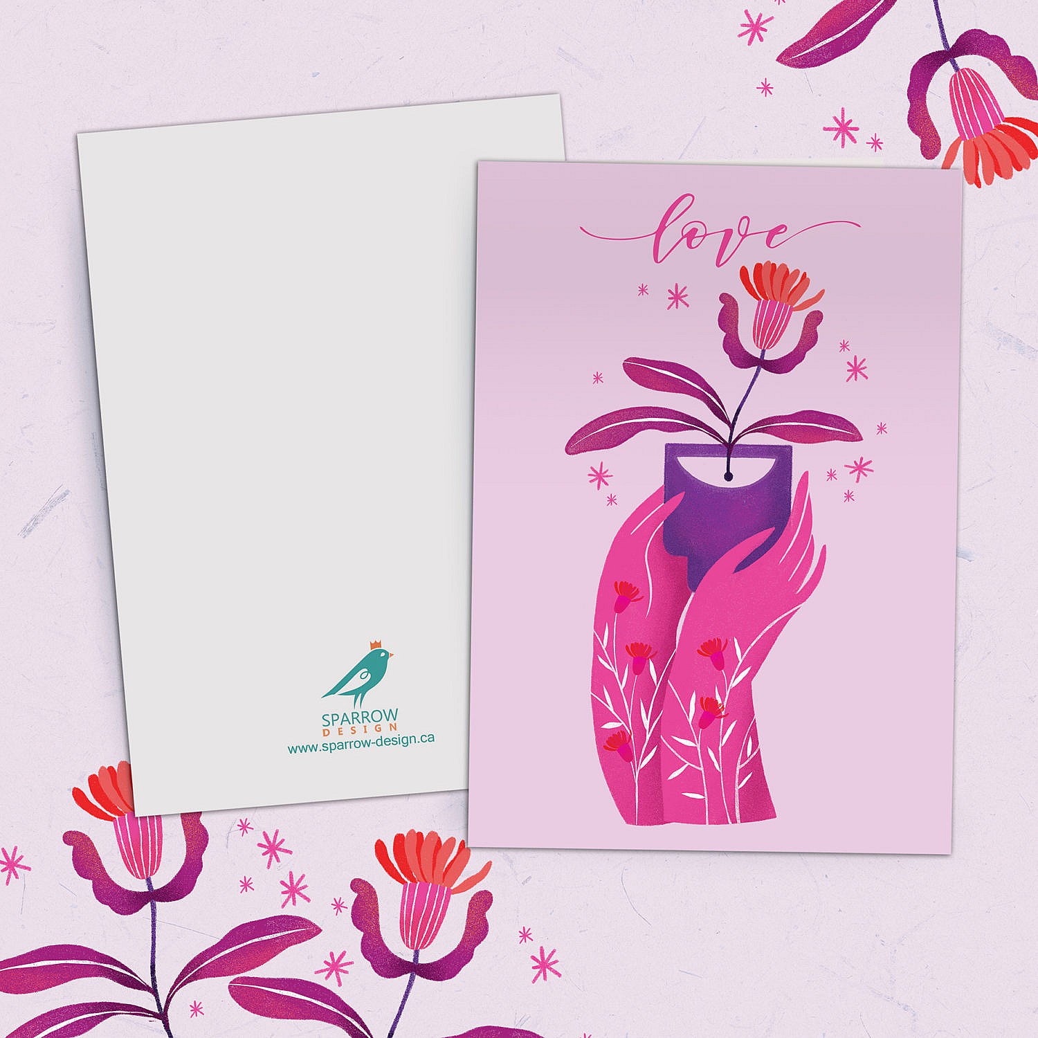 showing a lovely valentine's card. two hands are offering a beautiful flower. The illustration is mostly pink.